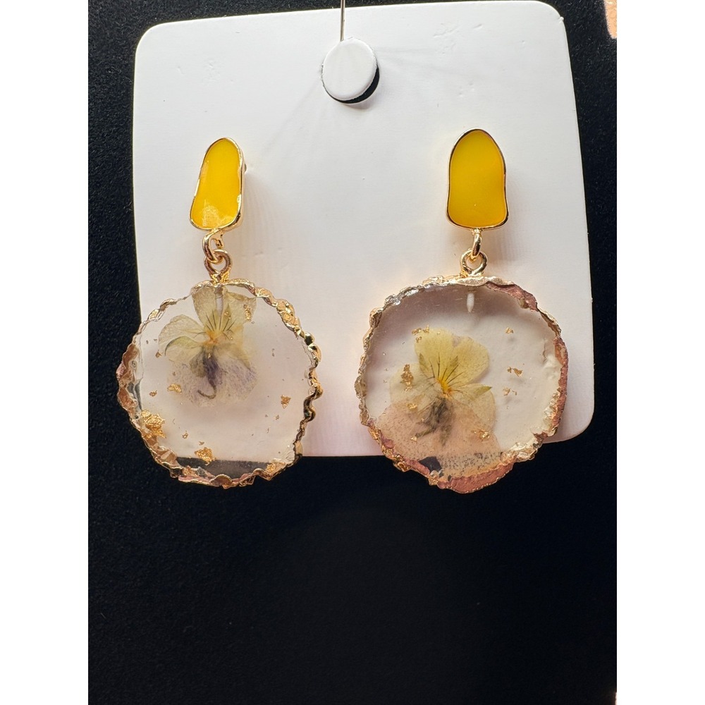 Yellow Post Earrings with Dred Yellow Flower Encased‎ in Resin
